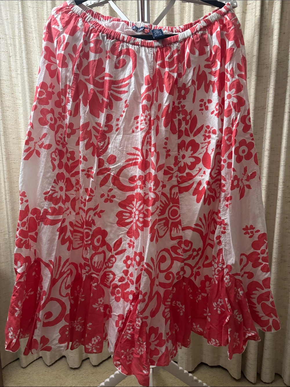 White and Coral Floral Maxi Skirt with Elastic Waist